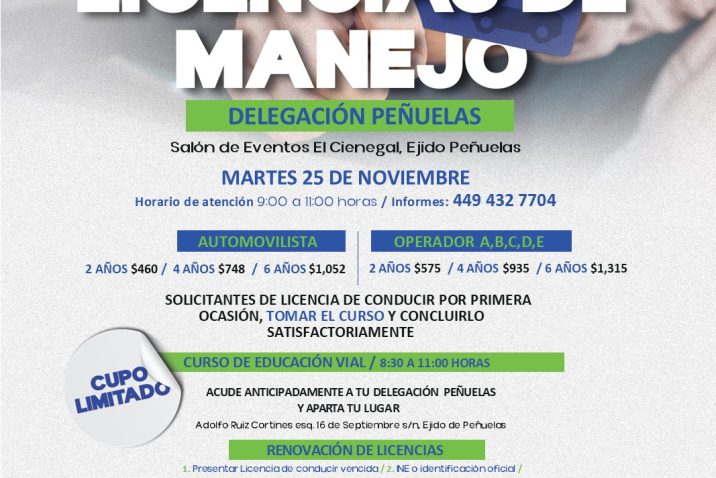 SE REALIZARÁ JORNADA DE RENOVACIÓN DE LICENCIAS DE MANEJO EN EL EJIDO PEÑUELAS
