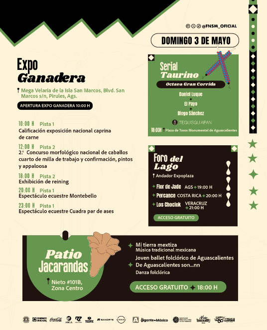 Te compartimos las actividades de la Feria Nacional de San Marcos para este 3 de mayo.