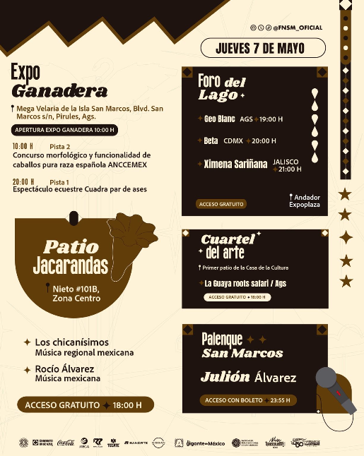 Te compartimos las actividades de la Feria Nacional de San Marcos para este 7 de mayo.