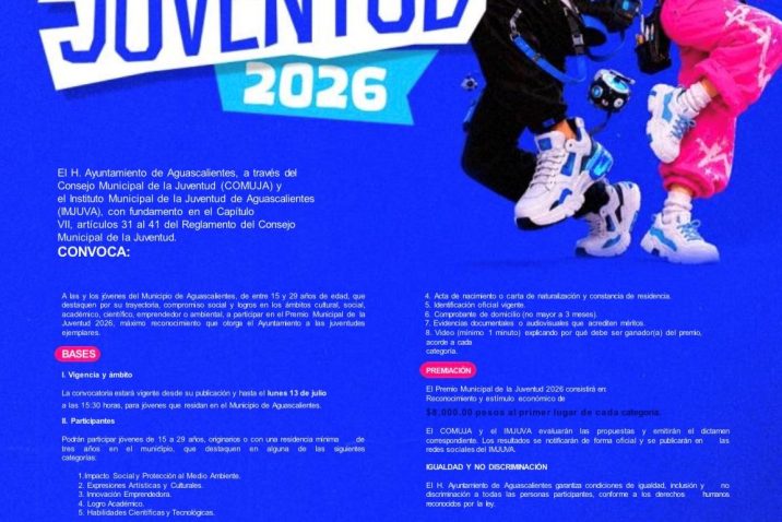 AMPLÍAN FECHA DE INSCRIPCIÓN A LA CONVOCATORIA DEL PREMIO MUNICIPAL DE LA JUVENTUD 2026