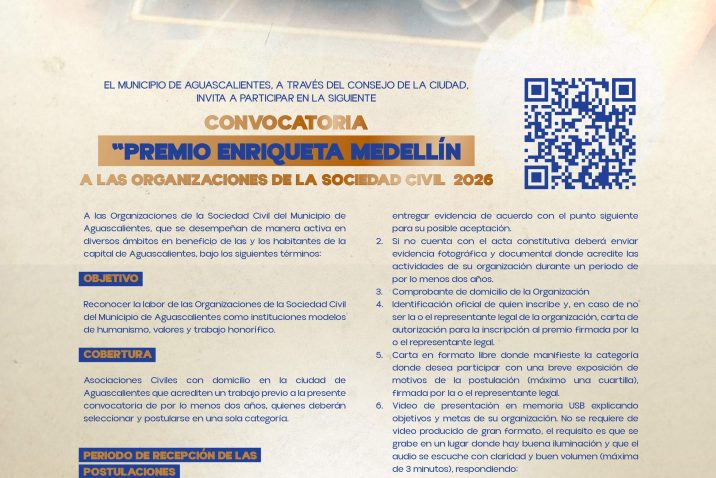 MUNICIPIO DE AGUASCALIENTES Y CONSEJO DE LA CIUDAD CONVOCAN A PARTICIPAR EN EL PREMIO “ENRIQUETA MEDELLÍN” 2026